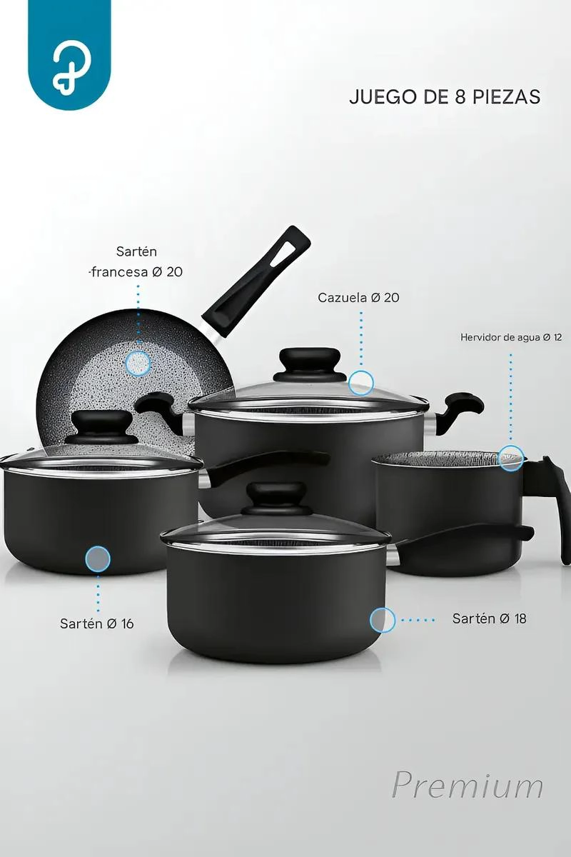 BATERIA DE COCINA 8 PIEZAS ANTIADHERENTE GRANITO NEGRO - 5