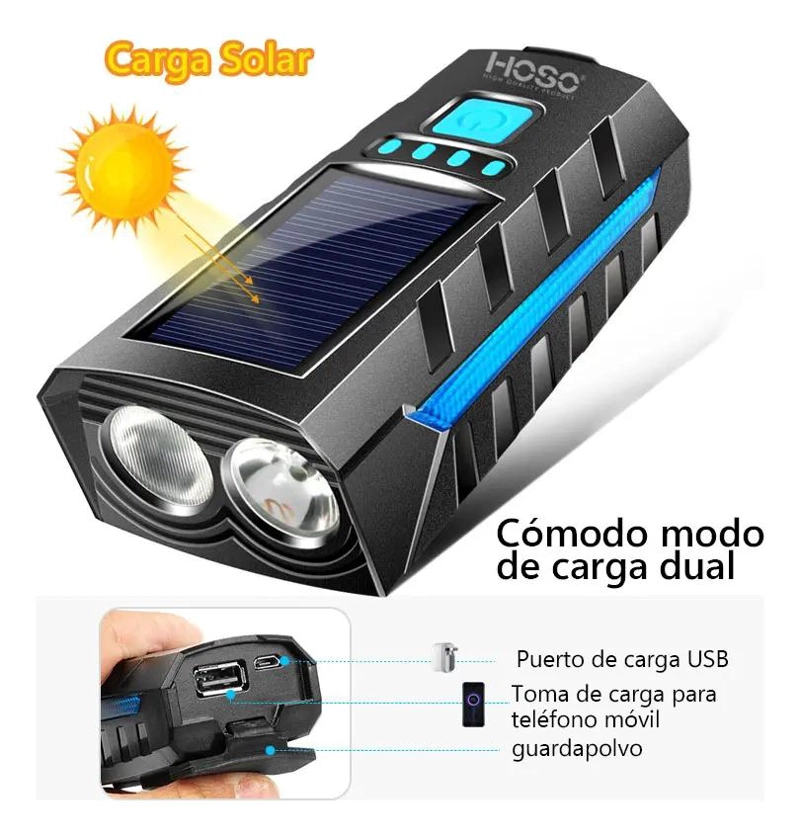 LUZ BICICLETA USB IMPERMEABLE CON BOCINA SOLAR 4 SONIDOS - 4