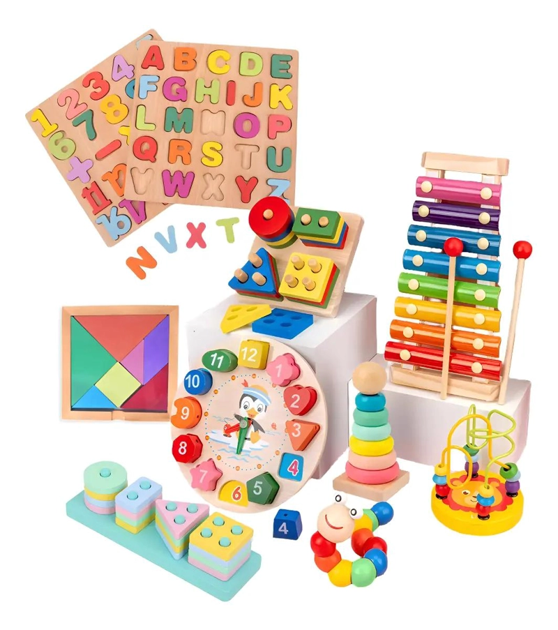 SET 10 JUGUETES DIDACTICOS DE MADERA MONTESSORI PARA NIÑ - 1
