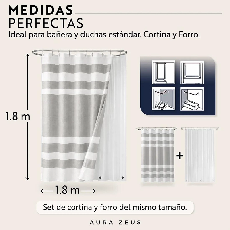 CORTINA DE BAÑO LISA CON FORRO Y 12 GANCHOS - 2