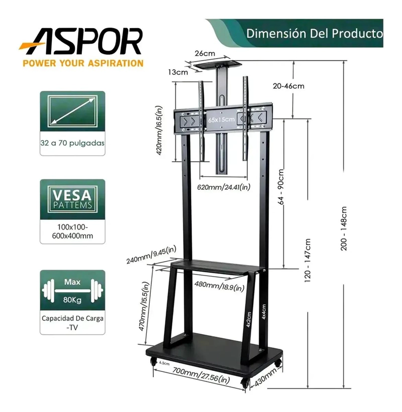 SOPORTE BASE CON RUEDAS PARA TV 32 A 70 PULGADAS - 2