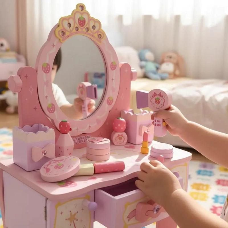 JUEGO DE TOCADOR INFANTIL DE MADERA PARA NIÑAS - 4