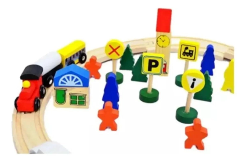 TREN DE MADERA CON RIELES Y 48 PIEZAS - 1