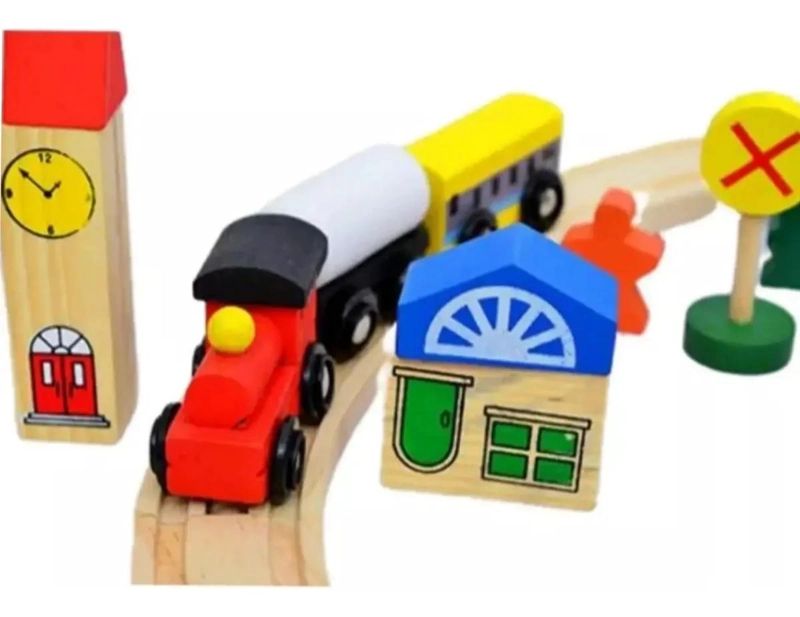 TREN DE MADERA CON RIELES Y 48 PIEZAS - 2