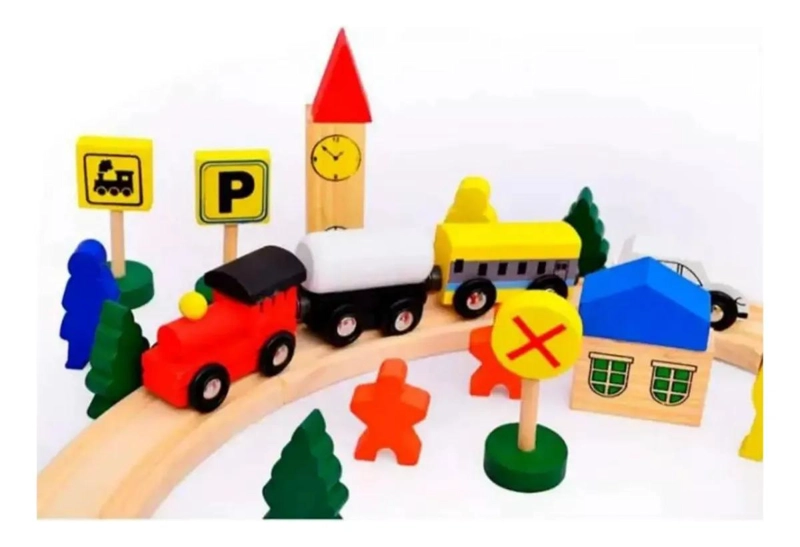 TREN DE MADERA CON RIELES Y 48 PIEZAS - 5