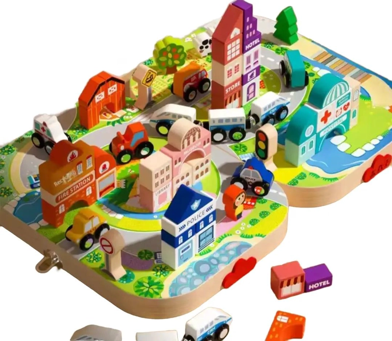 PISTA DE CONSTRUCCION DE MADERA PARA NIÑOS CON MALETA - 1