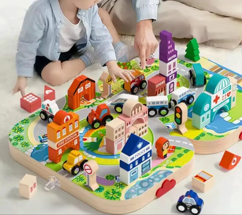 PISTA DE CONSTRUCCION DE MADERA PARA NIÑOS CON MALETA - 2