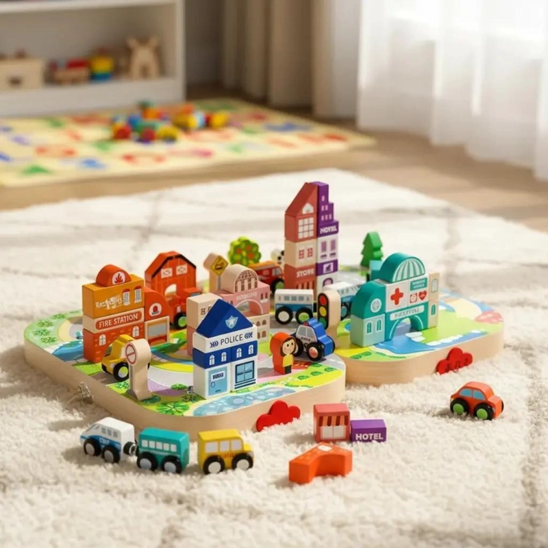 PISTA DE CONSTRUCCION DE MADERA PARA NIÑOS CON MALETA - 5