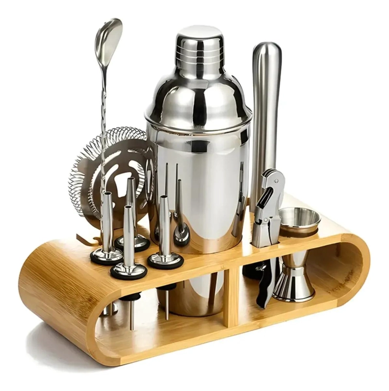 SET PROFESIONAL DE COCTELERIA ACERO INOXIDABLE 12 PIEZAS CON BASE BAMBU - 1