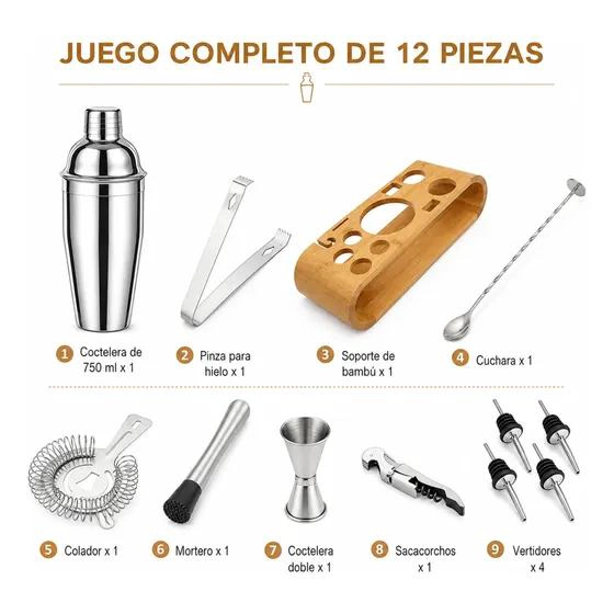 SET PROFESIONAL DE COCTELERIA ACERO INOXIDABLE 12 PIEZAS CON BASE BAMBU - 10