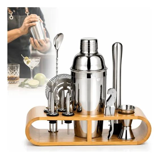SET PROFESIONAL DE COCTELERIA ACERO INOXIDABLE 12 PIEZAS CON BASE BAMBU - 6