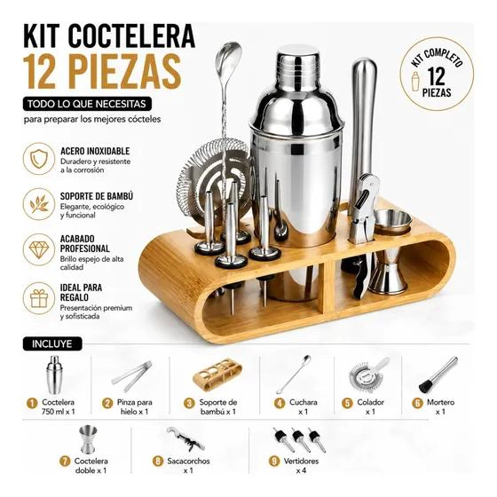 SET PROFESIONAL DE COCTELERIA ACERO INOXIDABLE 12 PIEZAS CON BASE BAMBU - 7