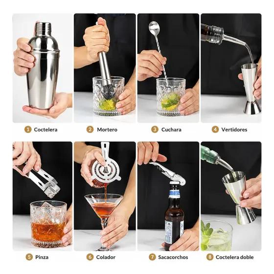 SET PROFESIONAL DE COCTELERIA ACERO INOXIDABLE 12 PIEZAS CON BASE BAMBU - 8