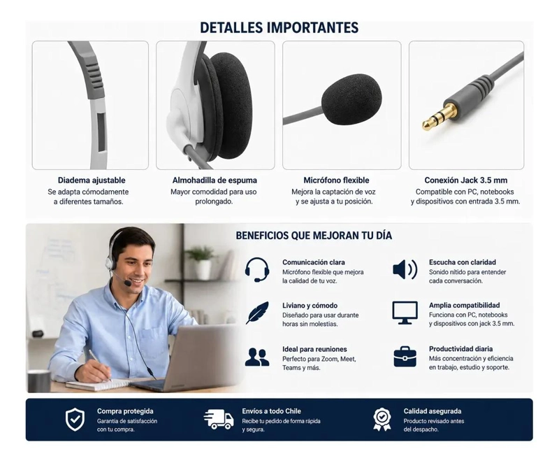 AURICULAR CON MICROFONO USB Y 3.5MM PARA LLAMADAS - 2