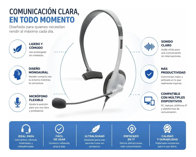 AURICULAR CON MICROFONO USB Y 3.5MM PARA LLAMADAS - 4