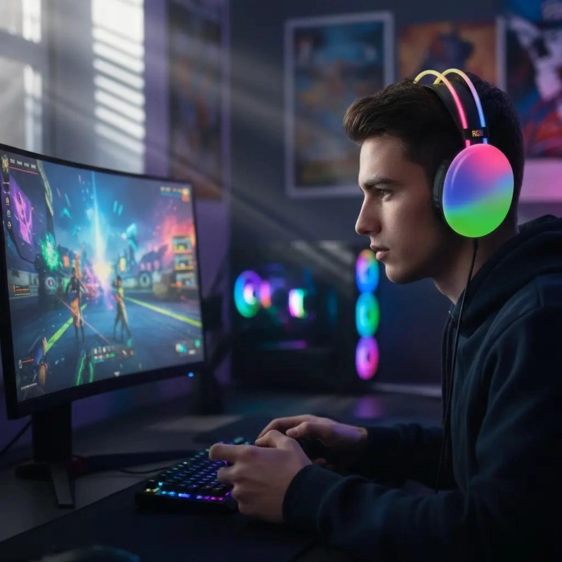 AUDIFONOS INALAMBRICOS CON MICROFONO Y LUCES LED RGB - 5