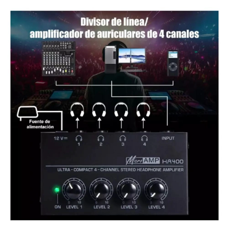 AMPLIFICADOR COMPACTO PARA AUDIFONOS DE 4 CANALES NEGRO - 4
