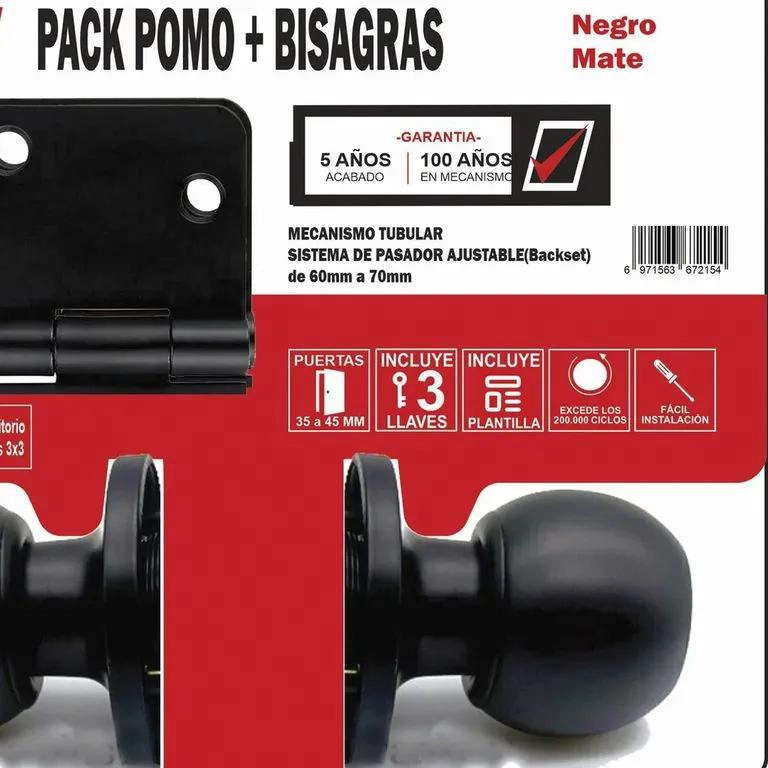 KIT CERRADURA TUBULAR NEGRO PARA DORMITORIO CON POMO Y 2  - 3
