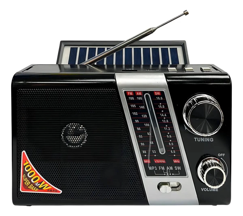 RADIO SOLAR PORTATIL RECARGABLE CON LINTERNA NEGRA - 1