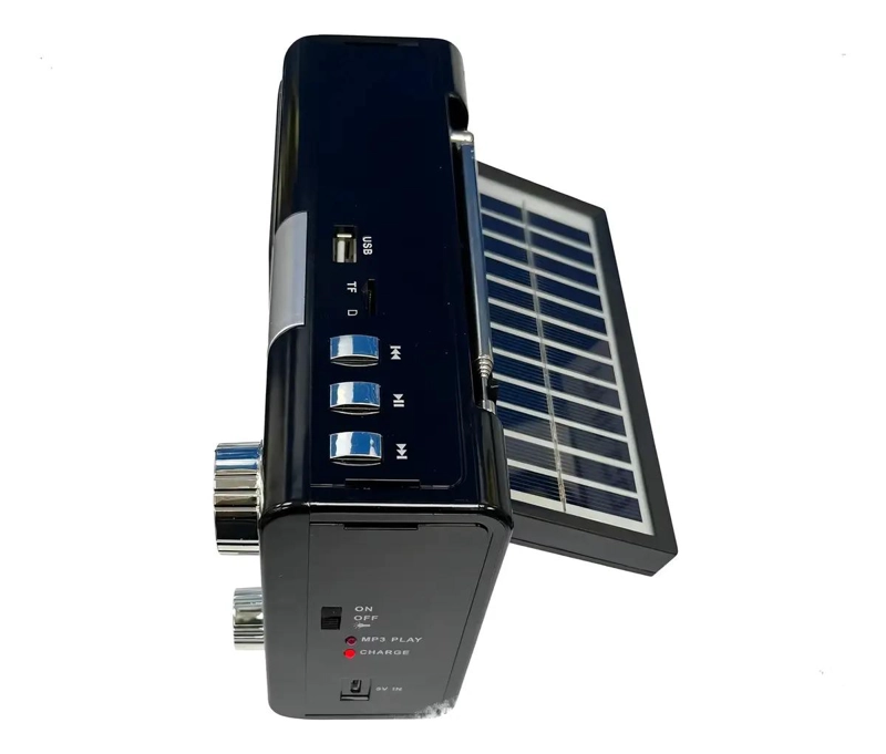 RADIO SOLAR PORTATIL RECARGABLE CON LINTERNA NEGRA - 4