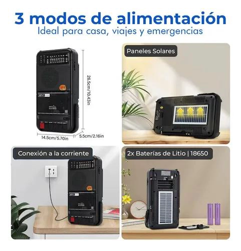 RADIO CASSETTE BLUETOOTH USB AM FM CON PANEL SOLAR GRIS - 3