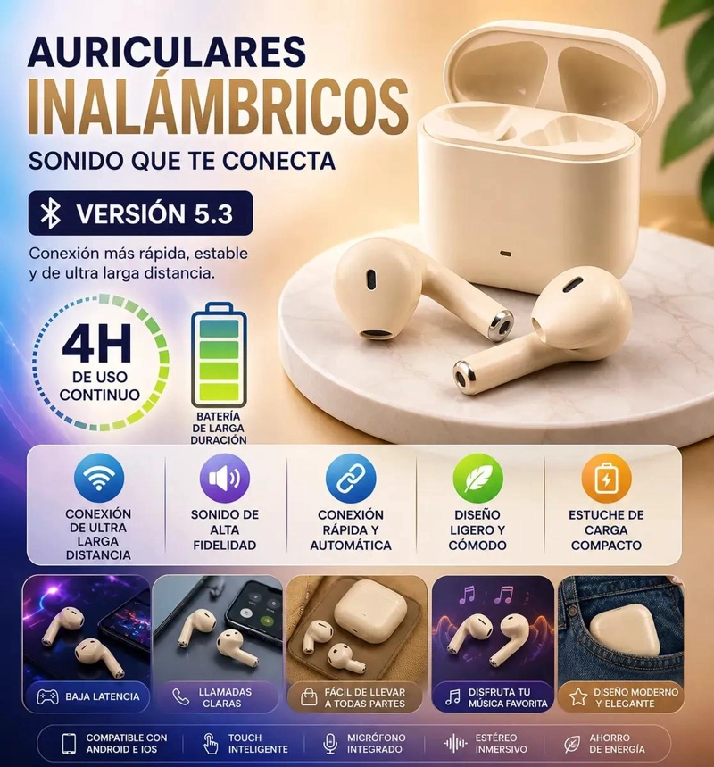 AUDIFONOS INALAMBRICOS BLUETOOTH SONIDO HD CONEXION ESTRE - 2