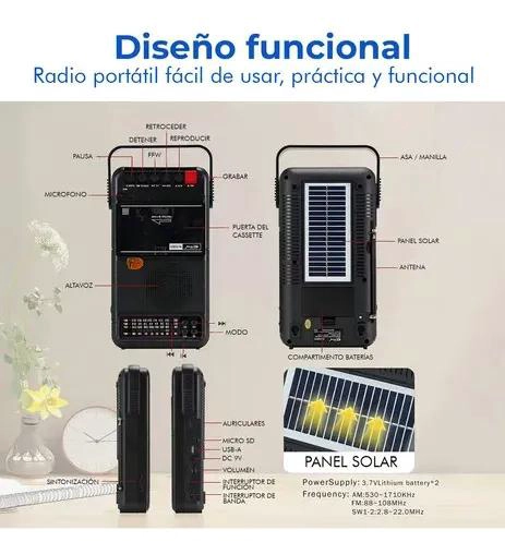 RADIO CASSETTE BLUETOOTH USB AM FM CON PANEL SOLAR GRIS - 5