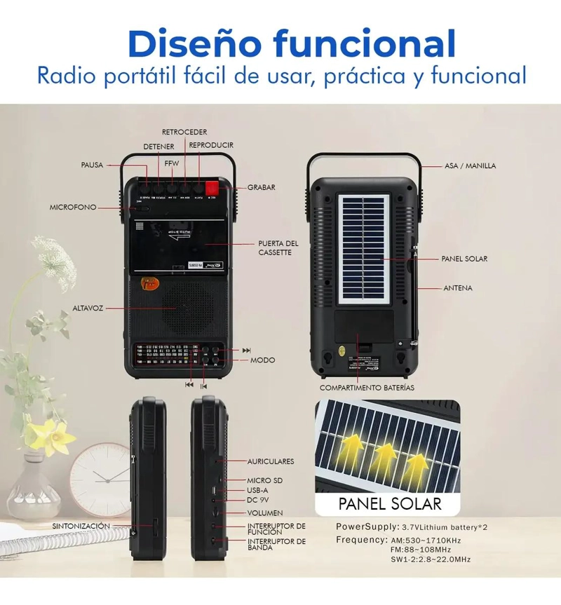 RADIO CASSETTE PORTATIL SOLAR BLUETOOTH USB RECARGABLE - 5