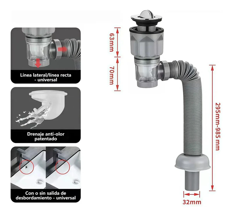 SIFON FLEXIBLE PARA LAVABO CON TRAMPA ANTIODOR - 1