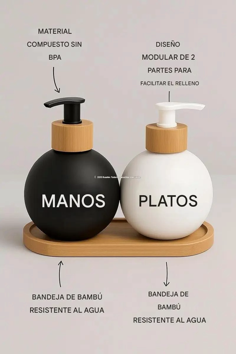 SET DISPENSADORES DE JABON Y DETERGENTE 500 ML CON BANDEJ - 3