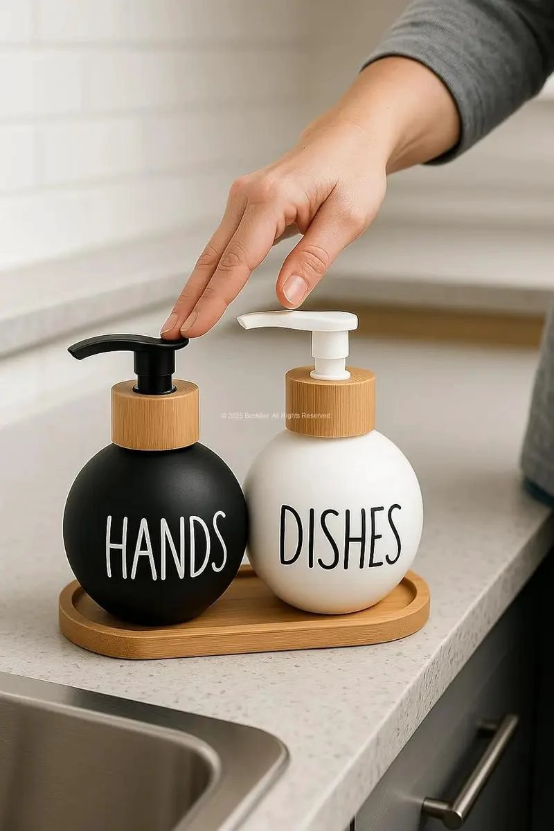 SET DISPENSADORES DE JABON Y DETERGENTE 500 ML CON BANDEJ - 4