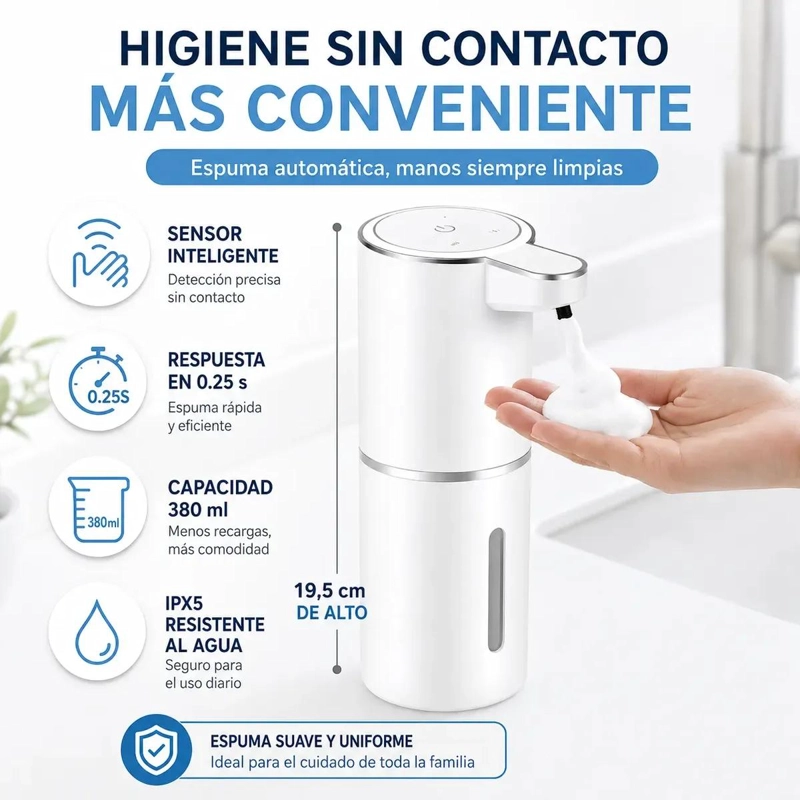 DISPENSADOR AUTOMATICO DE JABON ESPUMA 380ML RECARGABLE - 2