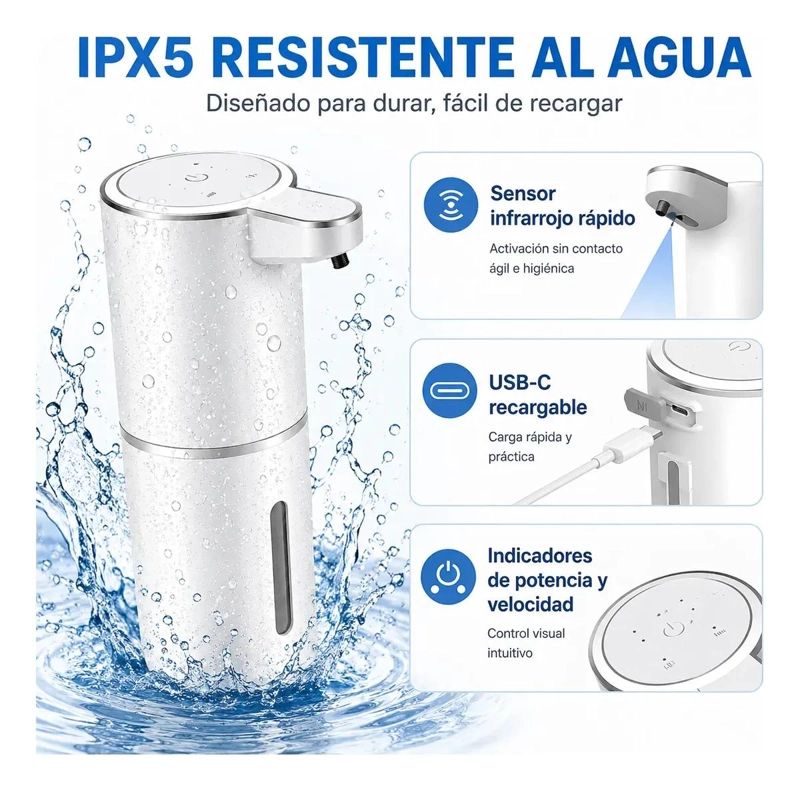 DISPENSADOR AUTOMATICO DE JABON ESPUMA 380ML RECARGABLE - 4