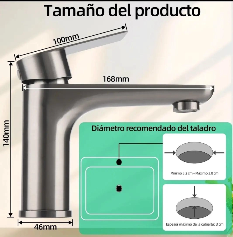 MEZCLADORA MONOMANDO DE ACERO INOXIDABLE PARA BAÑO - 2