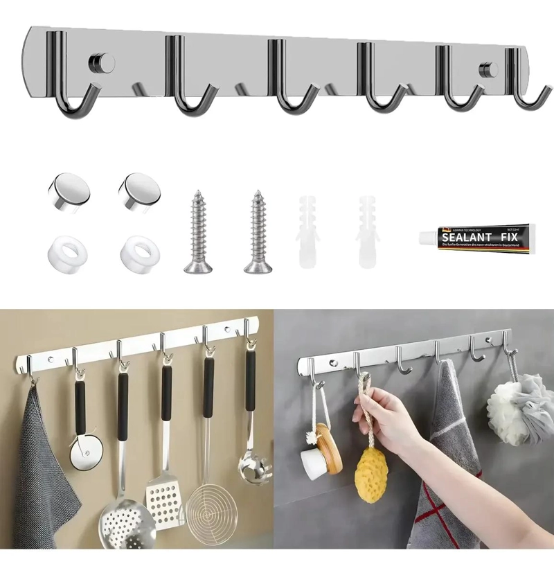 PERCHERO DE ACERO INOXIDABLE CON 6 GANCHOS PARA COCINA Y - 1