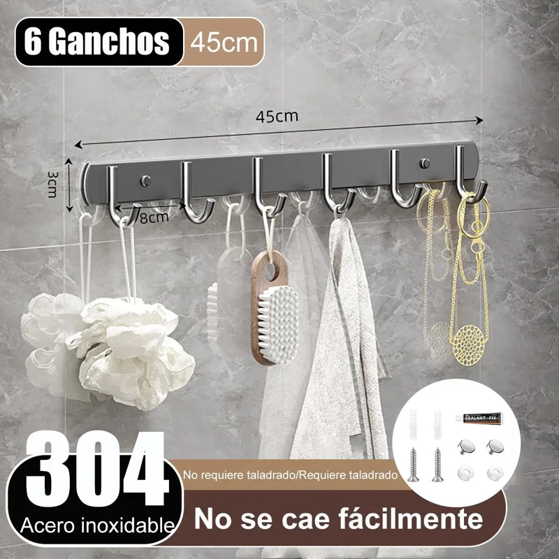 PERCHERO DE ACERO INOXIDABLE CON 6 GANCHOS PARA COCINA Y - 2