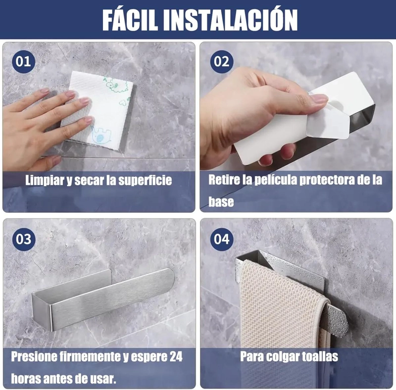 SOPORTE TOALLERO METALICO ADHESIVO PARA BAÑO - 3