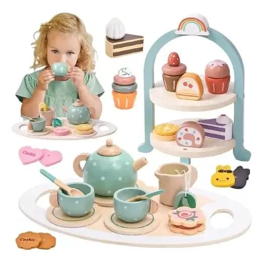 JUEGO DE TE  INFANTIL DE MADERA CON POSTRES 28 PIEZAS - 1