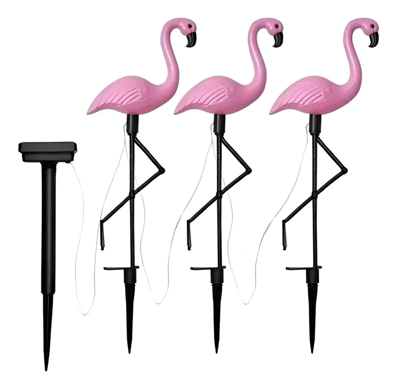 PACK 3 FLAMENCOS ROSADOS SOLARES CON ESTACA PARA JARDIN - 1