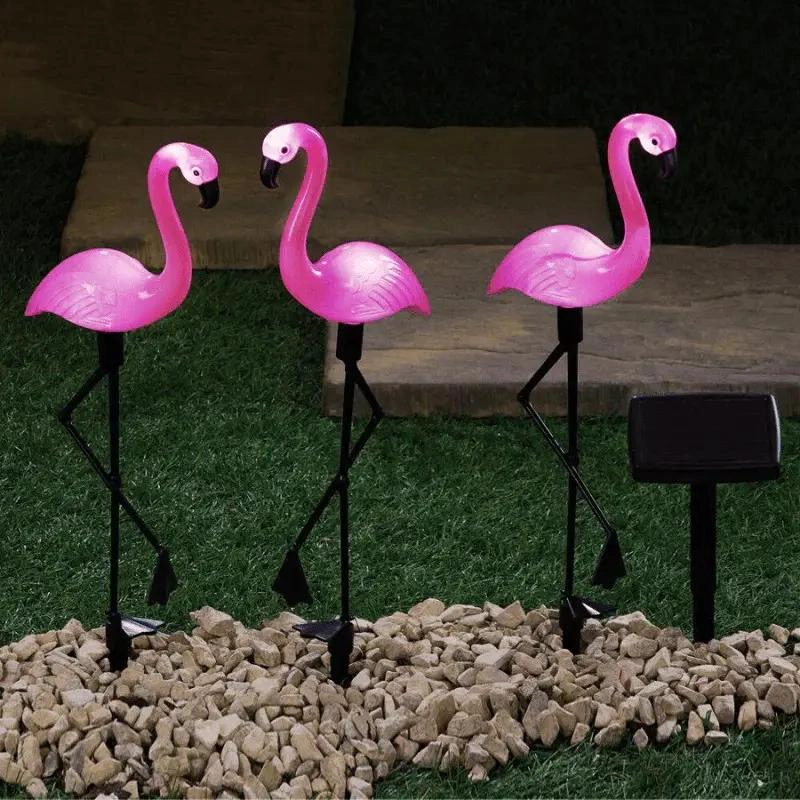 PACK 3 FLAMENCOS ROSADOS SOLARES CON ESTACA PARA JARDIN - 3