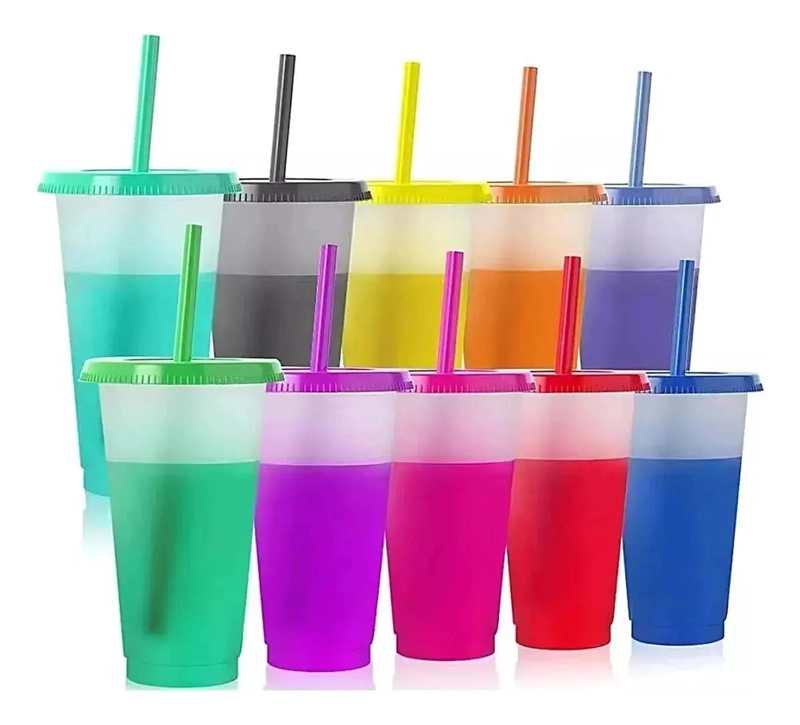 SET 10 VASOS CAMBIA COLOR 710ML CON TAPA Y POPOTE - 1