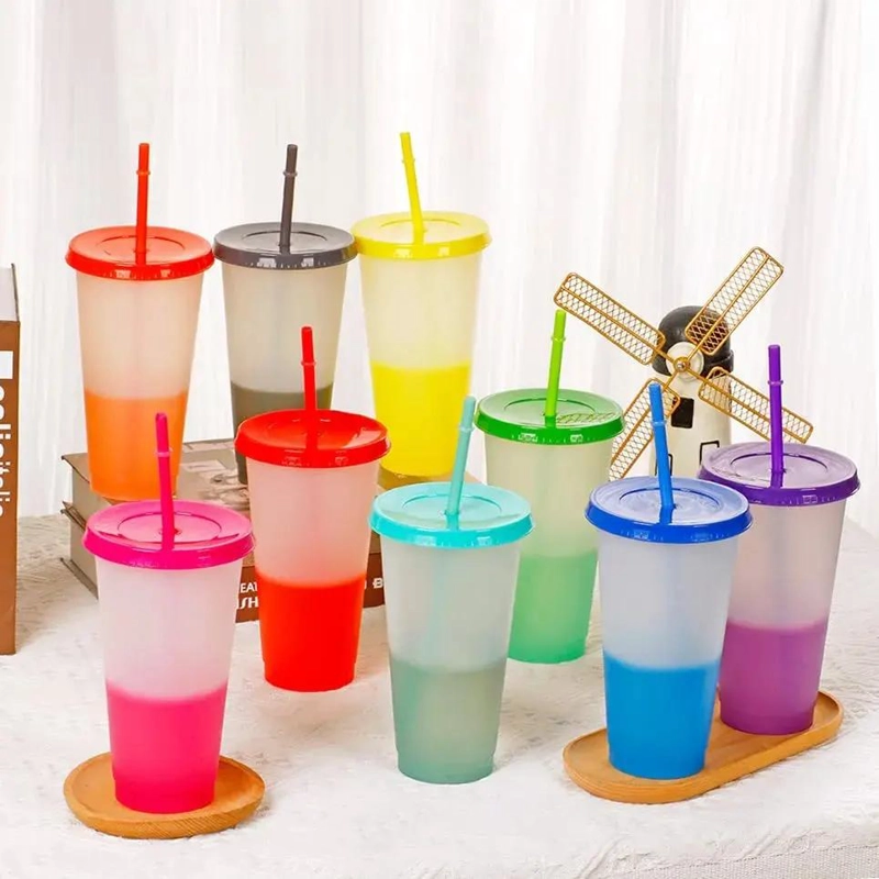 SET 10 VASOS CAMBIA COLOR 710ML CON TAPA Y POPOTE - 5
