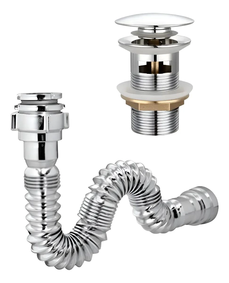 DESAGÜE METALICO CLICK CLACK CON SIFON CROMADO CORRUGADO - 1