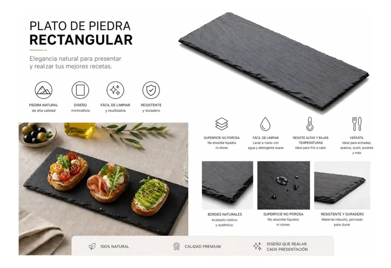 PACK 4 PLATOS RECTANGULARES DE PIEDRA PIZARRA 25X12CM - 3