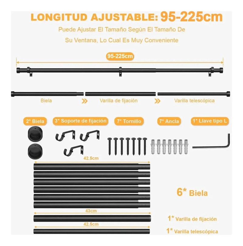 BARRA DE CORTINA AJUSTABLE 95-225 CM PARA DORMITORIOS Y B - 3