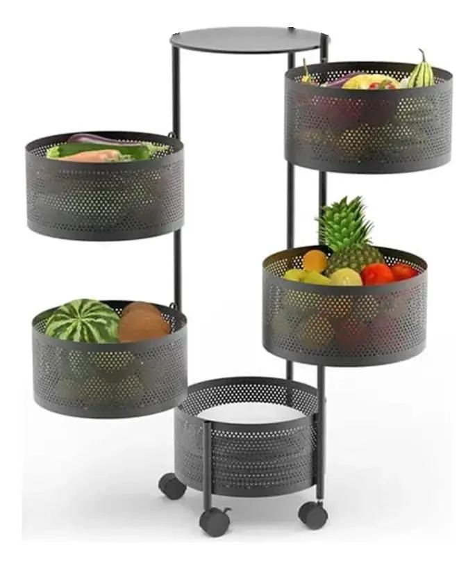 FRUTERO METALICO 5 NIVELES 90X30 CM NEGRO CON RUEDAS - 4