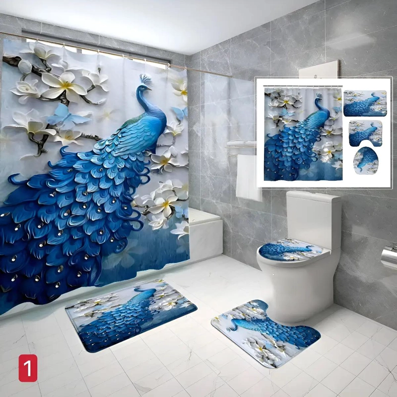 JUEGO DE BAÑO 4 PIEZAS CON CORTINA IMPERMEABLE - 1