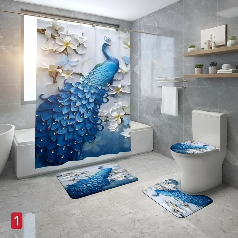 JUEGO DE BAÑO 4 PIEZAS CON CORTINA IMPERMEABLE - 2