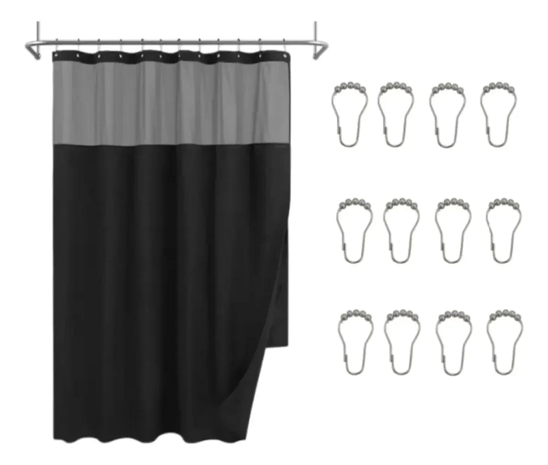 CORTINA DE BAÑO NEGRA IMPERMEABLE 180X200 CM CON GANCHOS - 1