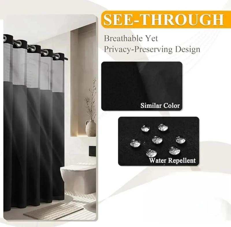 CORTINA DE BAÑO NEGRA IMPERMEABLE 180X200 CM CON GANCHOS - 3
